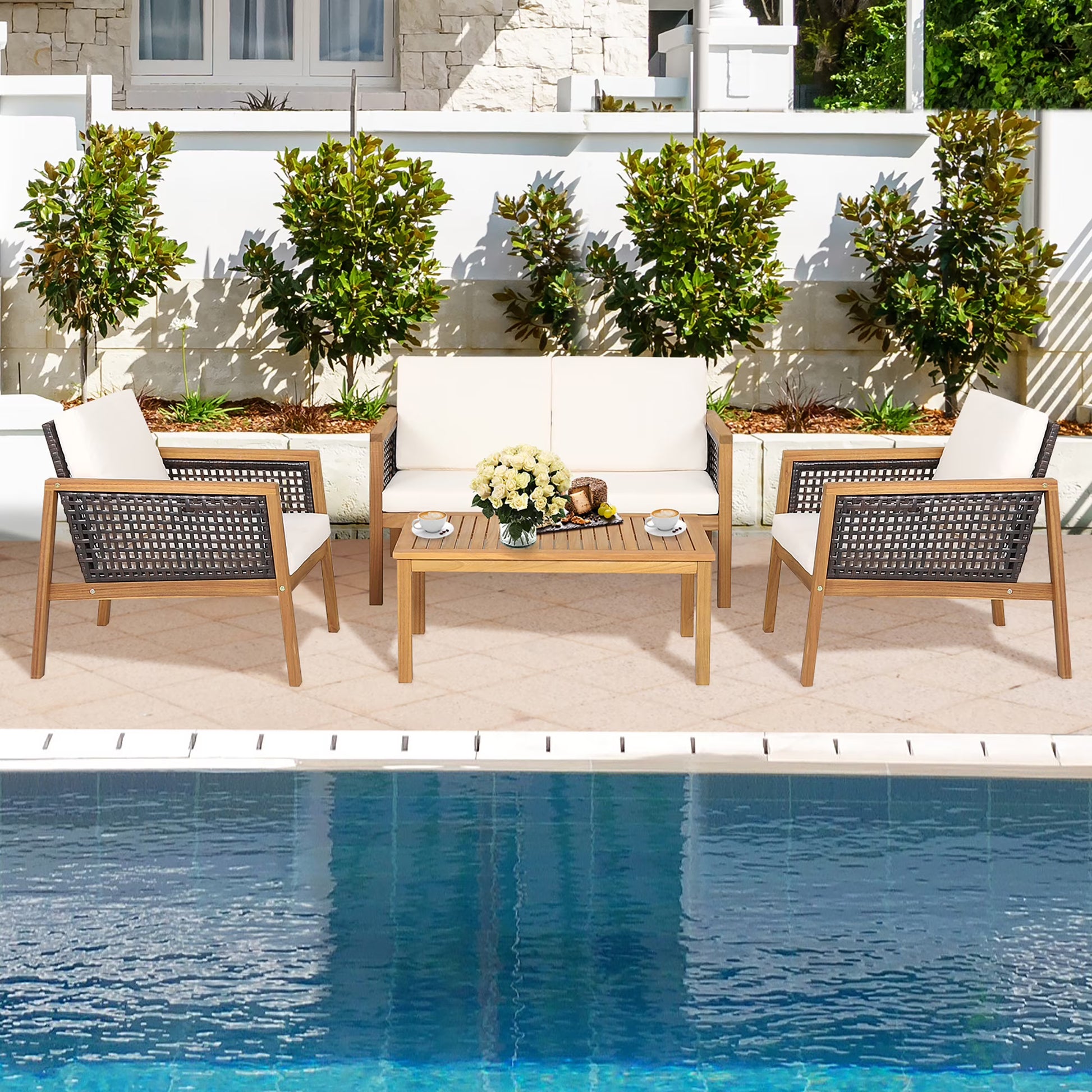 Costway 4PCS Patio Rattan Furniture Set Acacia Wood Cushioned Sofa Turquoise