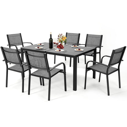 Patio Dining Set of 7, Outdoor Table and Chairs Textilene Design, Patio Furniture with Rectangle Plastic-wood Table, Space-saving Dining Table Set Stackable Design, Gray