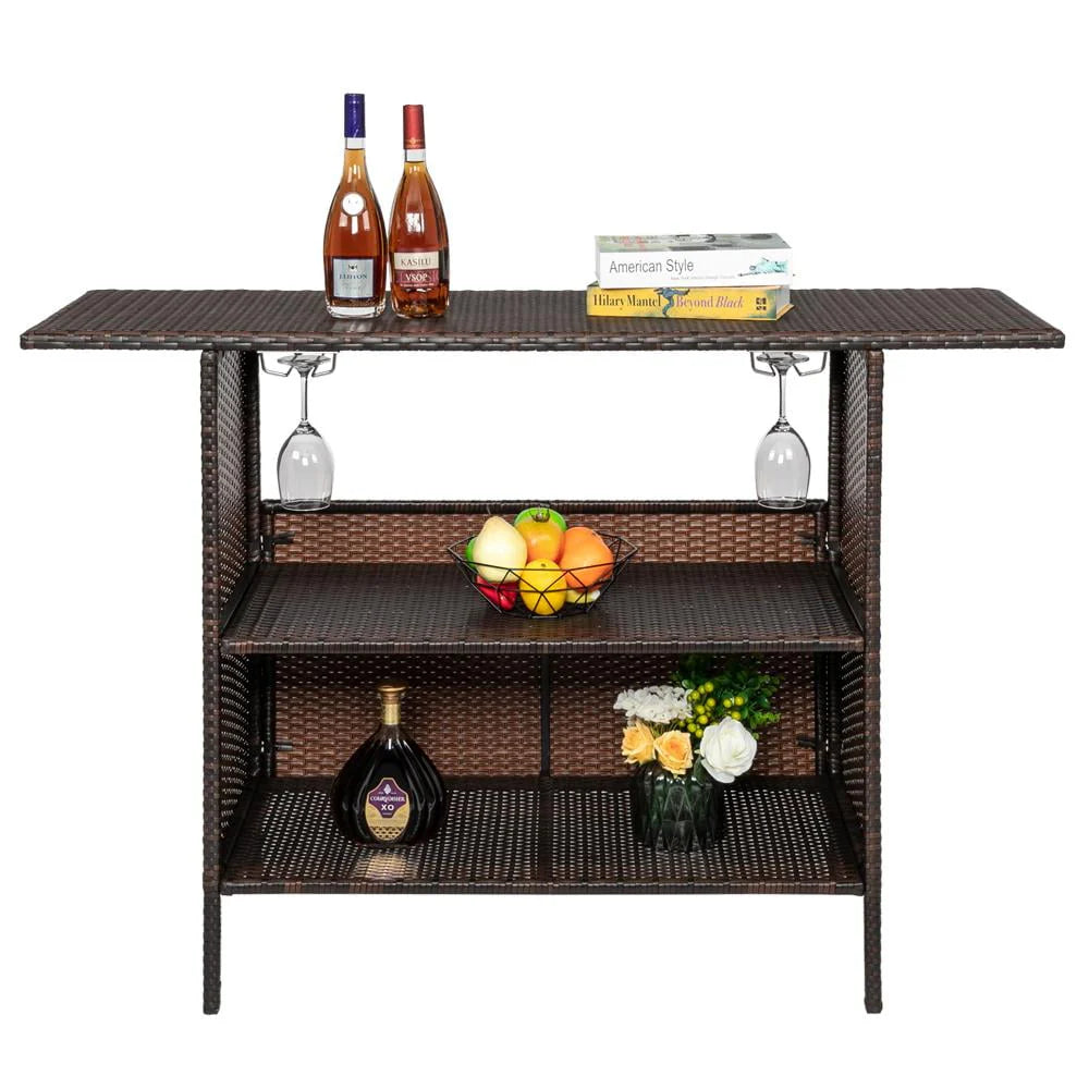 UBesGoo Outdoor Patio Rattan Wicker Bar Counter Table with 2 Storage Shelves