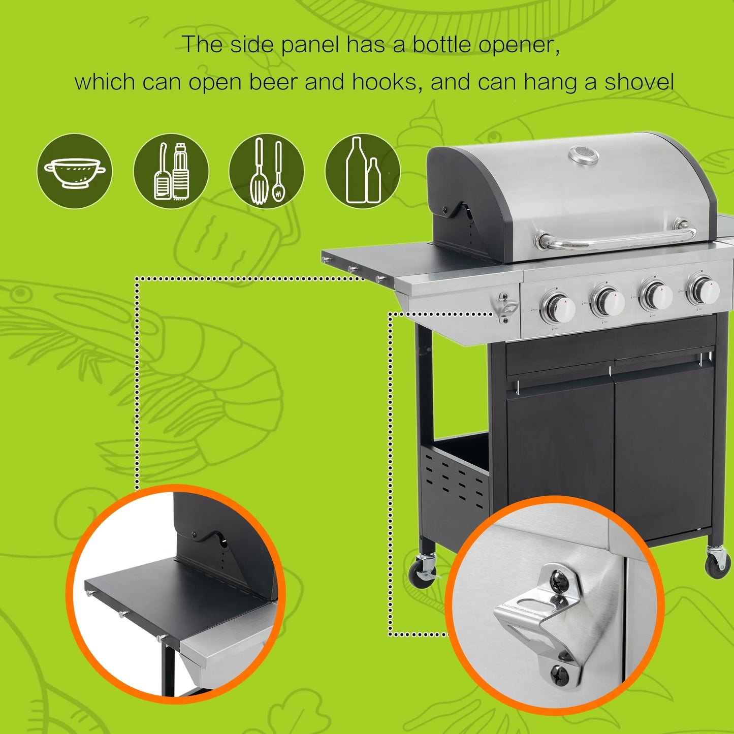 Decksplore 5 Burners Propane Gas Grill with Side Burner, Outdoor BBQ Grill Gas with Porcelain-Enameled Cast Iron Grates, Stainless Steel Camping Barbecue Grill for Patio, Garden, 47000 BTU