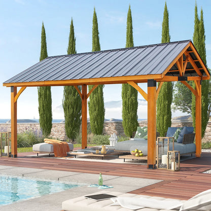 AECOJOY Wooden Gazebo 14.5x11ft for Outdoor BBQ Grill and Relaxation, Sturdy Brown Permanent Pavilion for Patios, Gardens, and Lawns