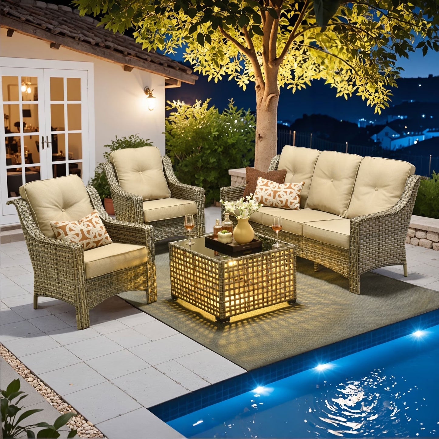 Ovios 6 Pieces Outdoor Furniture Set High Back All-Weather Wicker Patio Conversation Set with Ottomans & Solar Light Coffee Table, Diamond Blue