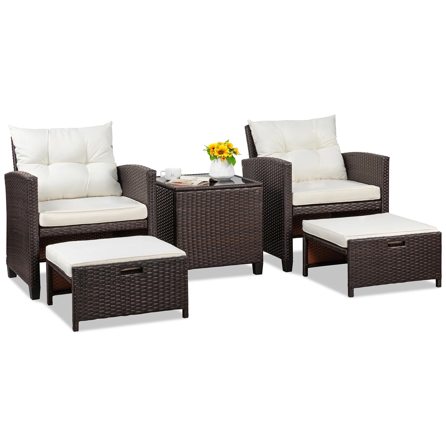 Sobaniilo 5 Piece Patio Furniture Set,Outdoor PE Wicker Patio Chair Two with Ottoman Underneath, Wicker Lounge Chair with Side Table, Beige