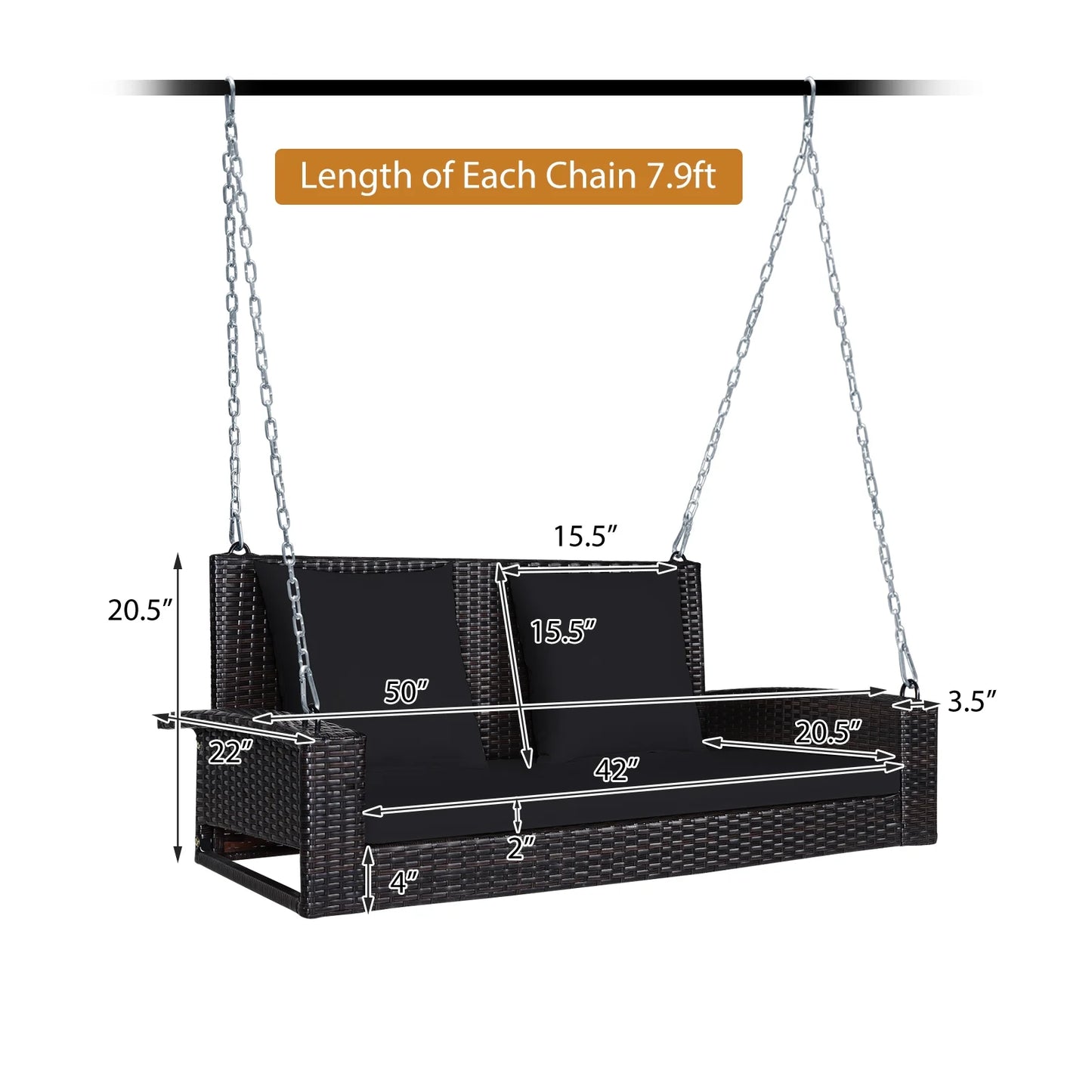 Topbuy Outdoor Wicker Porch Swing Bench 2-Person Patio Rattan Swing Chair W/Soft Cushions Black