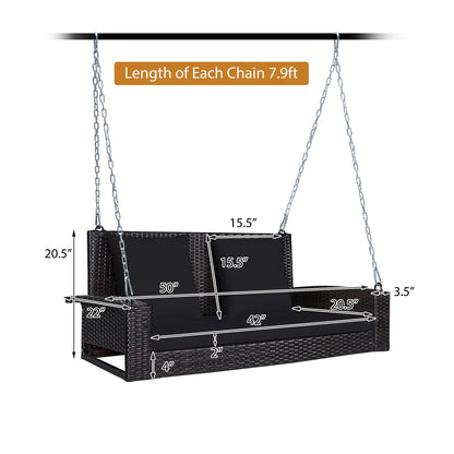Topbuy Outdoor Wicker Porch Swing Bench 2-Person Patio Rattan Swing Chair W/Soft Cushions Black