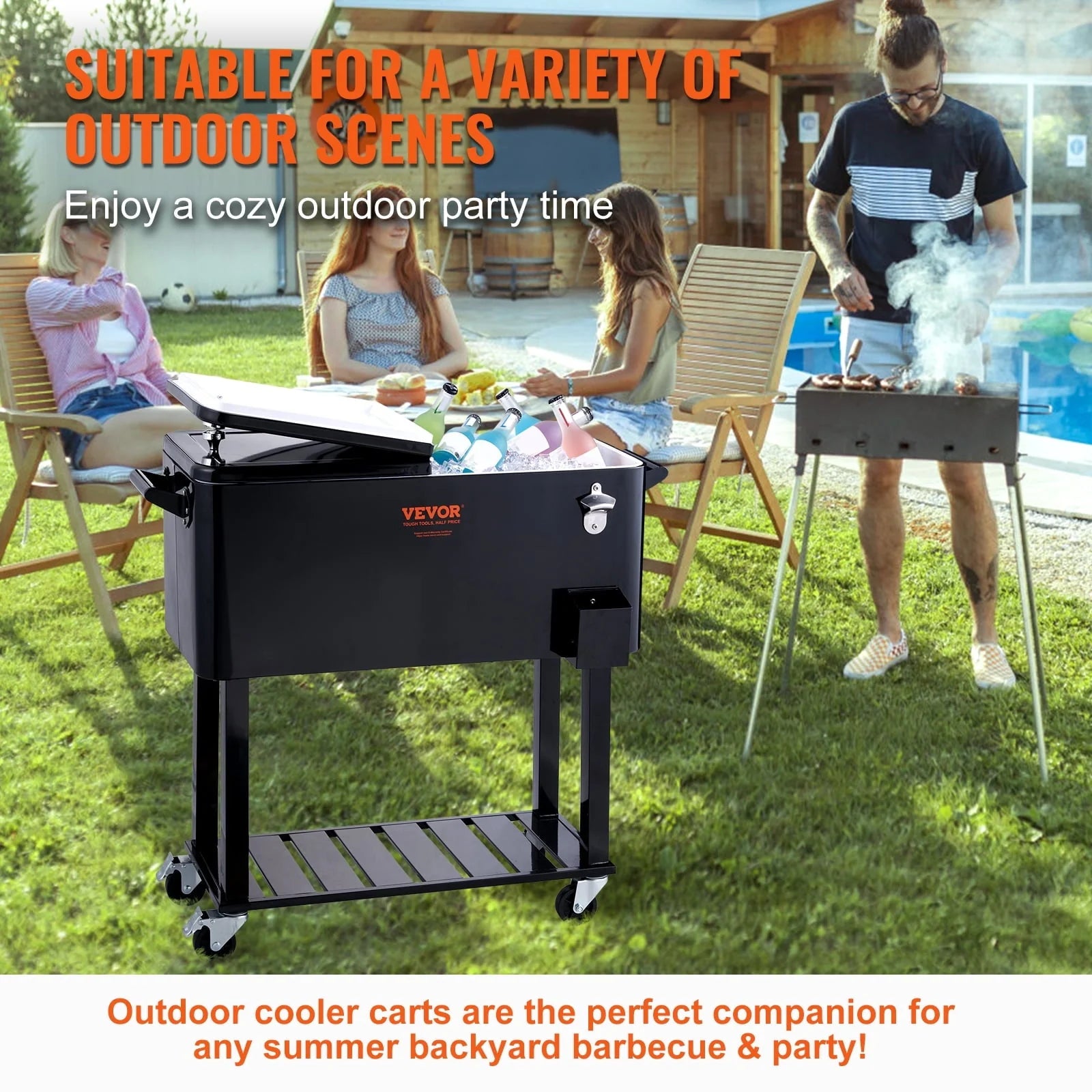 BENTISM 80Qt Rolling Cooler Cart with Bottle Opener Drainage Patio Party Bar Drink