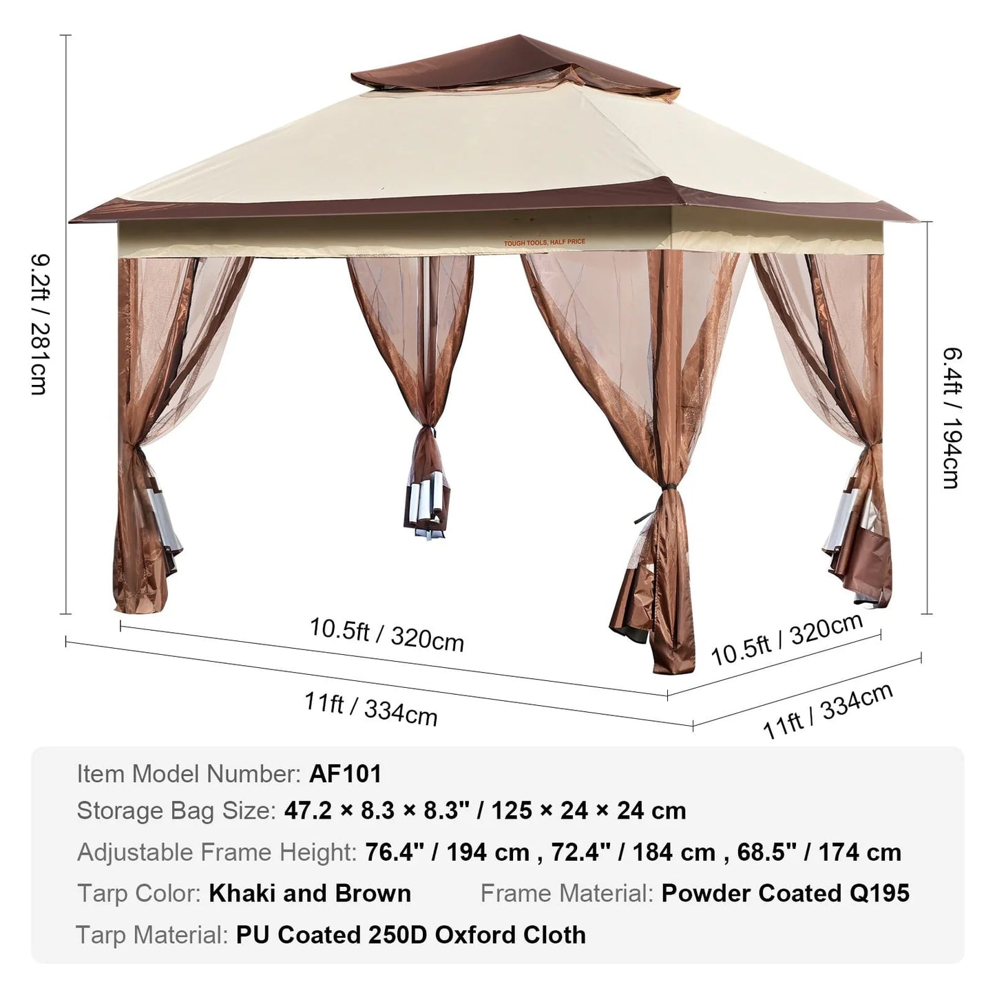 BENTISM Patio Gazebo, 11 x 11 FT Pop up Gazebo Tent for 8-10 Person, with Mosquito Netting, Metal Frame, and PU Coated 250D Oxford Cloth, Outdoor Canopy Shelter