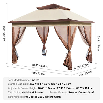 BENTISM Patio Gazebo, 11 x 11 FT Pop up Gazebo Tent for 8-10 Person, with Mosquito Netting, Metal Frame, and PU Coated 250D Oxford Cloth, Outdoor Canopy Shelter