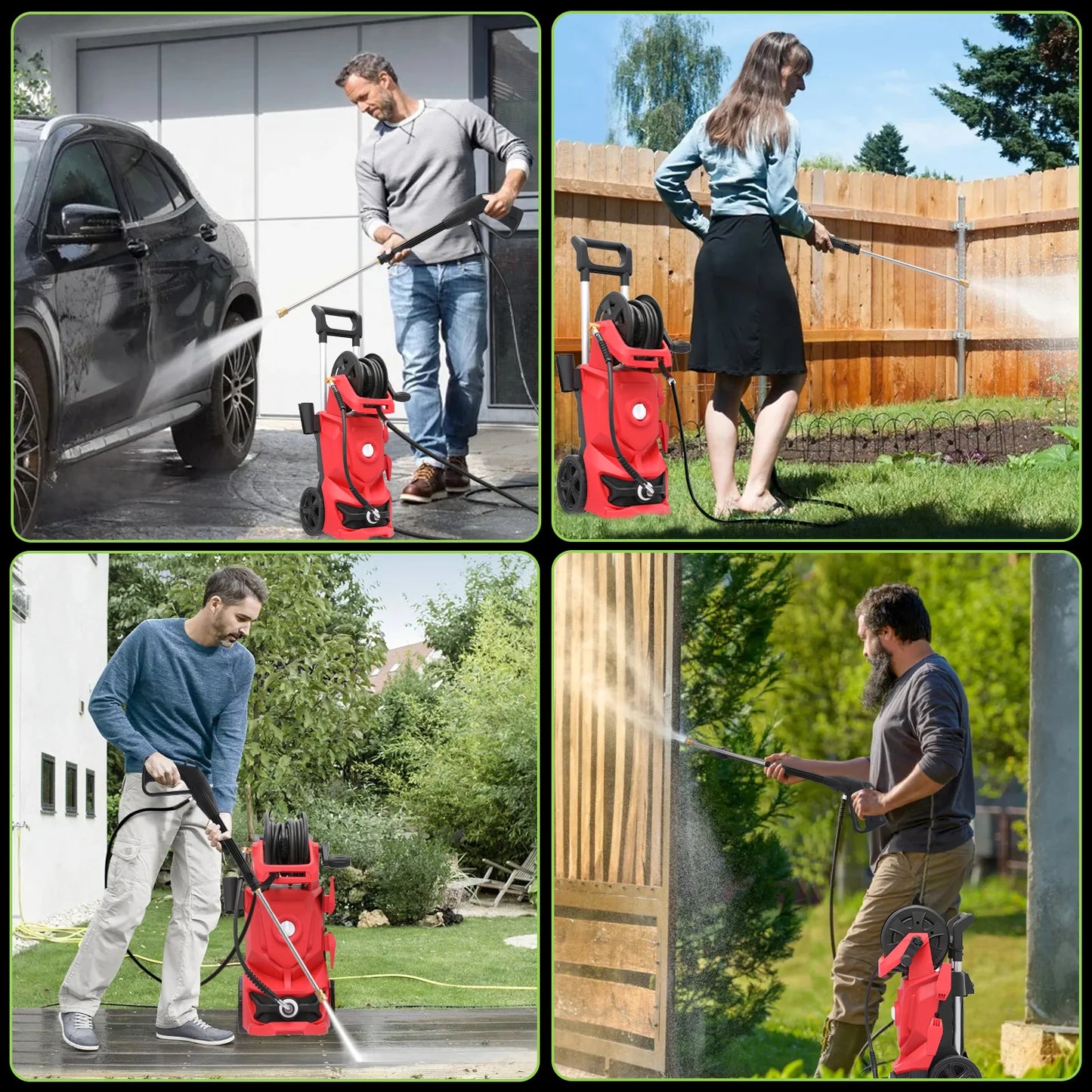 Magshion Electric Pressure Washer, 2180 PSI, Max. 1.5 GPM Power Washer with 19.5 ft Hose, 4 Nozzles, Foam Cannon and Hose Reel, for Patios Cars Fences Driveways, Green