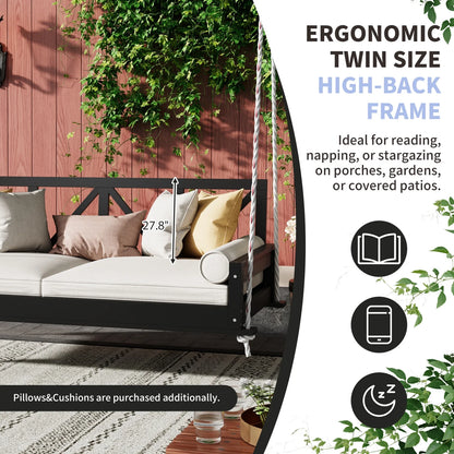 Patio Twin Size Swing Bed, A-cacia Wood Porch Swing Daybed with Hemp Ropes, Safe Sloped Design, Patio Hanging Swing Sofa Bed for Backyard, Garden, Pool, White