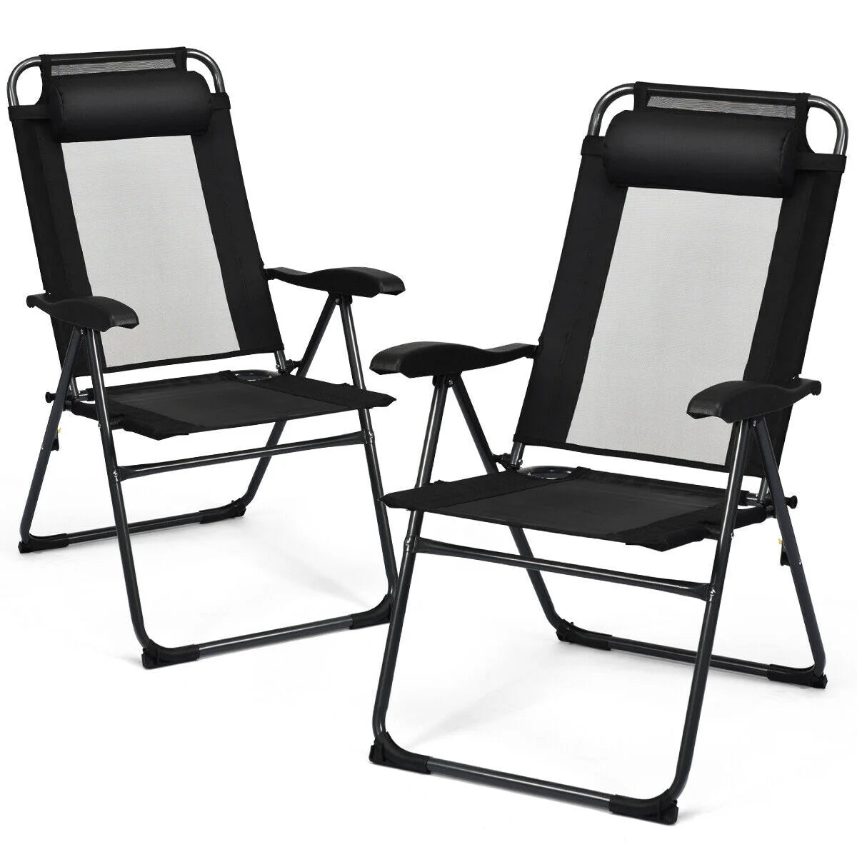 Gymax 2PC Folding Chairs Adjustable Reclining Chairs with Headrest Patio Garden Black