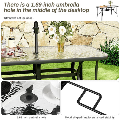 Pirecart Outdoor Glass Table with Umbrella Hole, Patio Dining Table for 6, for Garden, Balcony, Backyard, Poolside, Lawn, Gray