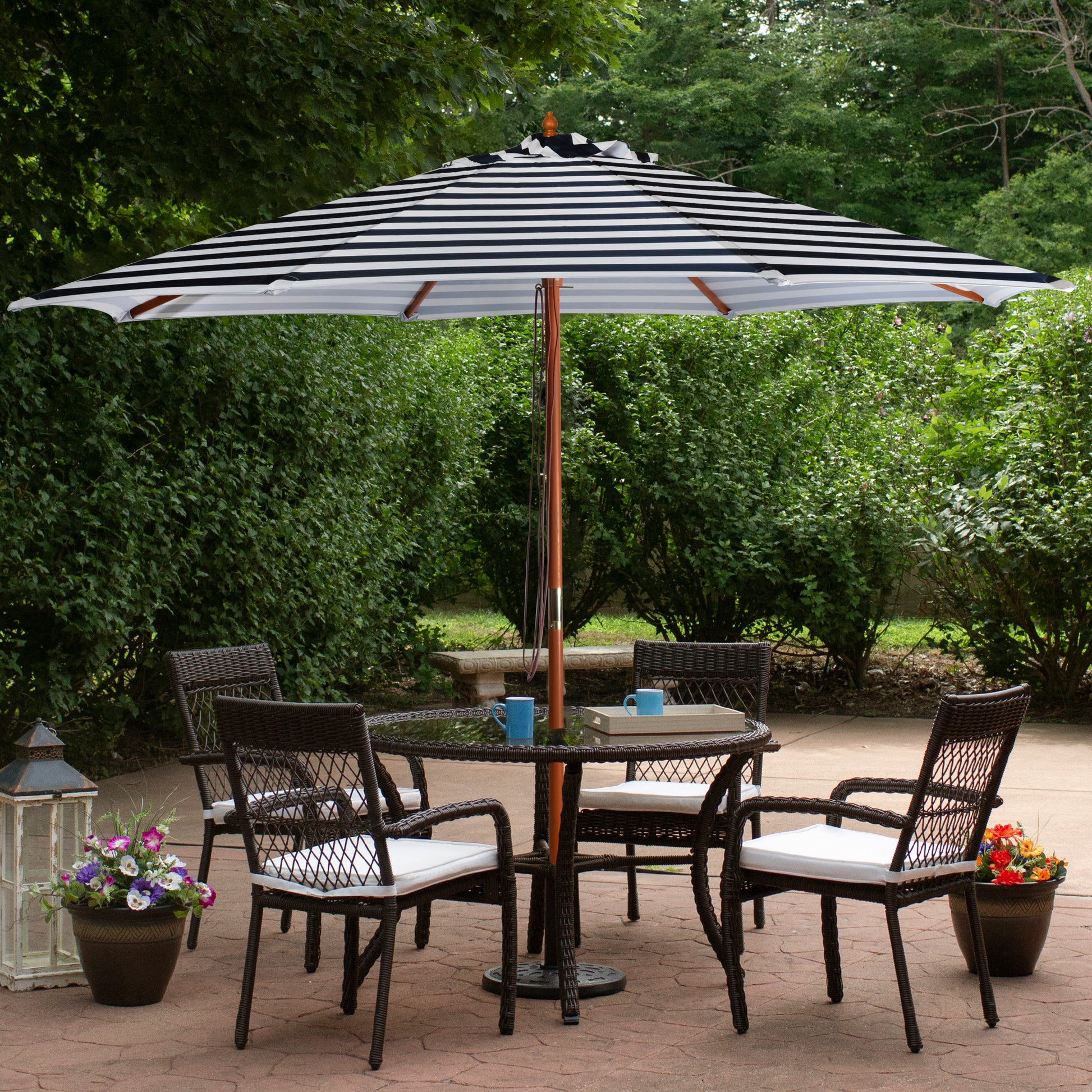 Northlight Striped Outdoor Patio Market Umbrella with Wooden Pole - 8.5' - Blue and White