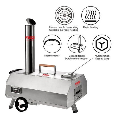 ACE-PATIO,12" Semi-Automatic Rotatable Outdoor Pizza Ovens,Stainless Steel Portable Wood Fired,Outdoor Cooking Pizza Maker with Timer,Built-in Thermometer,Pizza Cutter & Carry Bag(Silver)