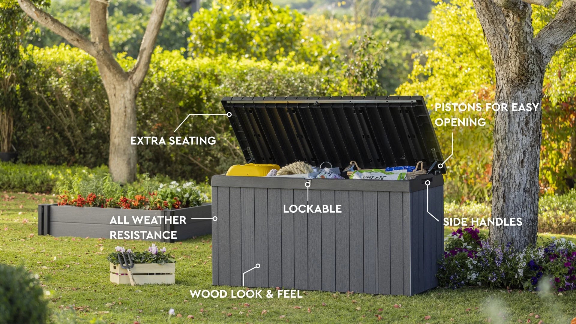Keter Darwin 100 Gallon Large Resin Deck Box for Patio Outdoor Storage, Grey