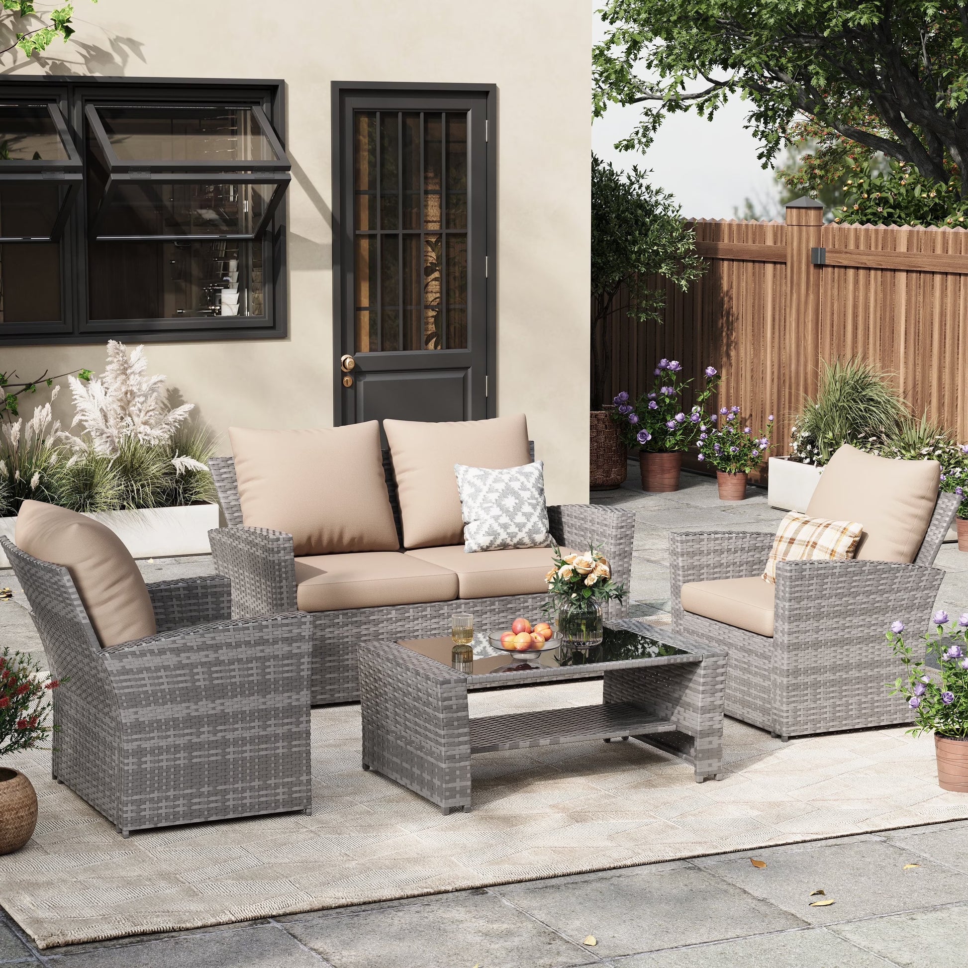 ELPOSUN Wicker Patio Furniture Set, 4 Piece Outdoor Sectional Conversation Sets, Gray PE Rattan Patio Sofa Set for Balcony, Porch, Backyard, Grey