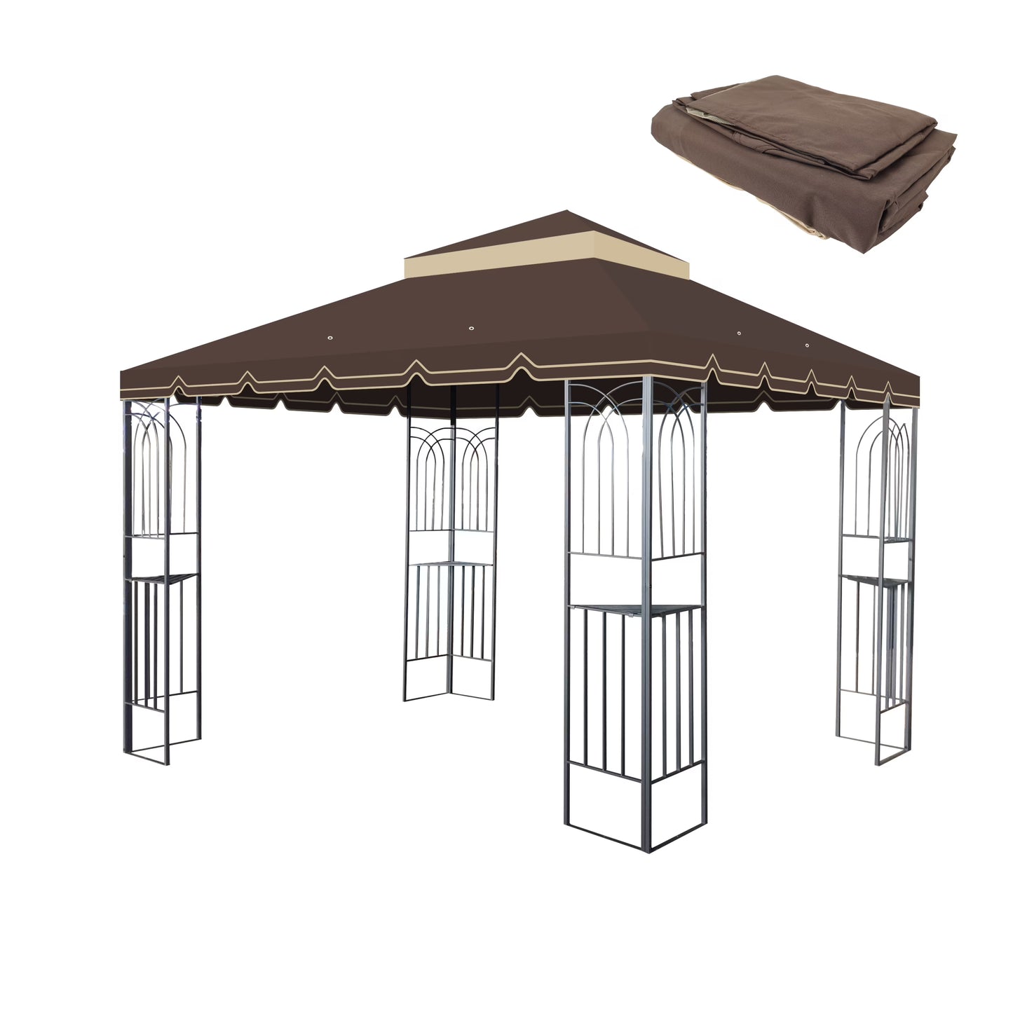 10x10 Ft Outdoor Patio Gazebo Replacement Canopy,Double Tiered Gazebo Tent Roof Top Cover Only Greatwall border(Frame Not Include)-BROWN