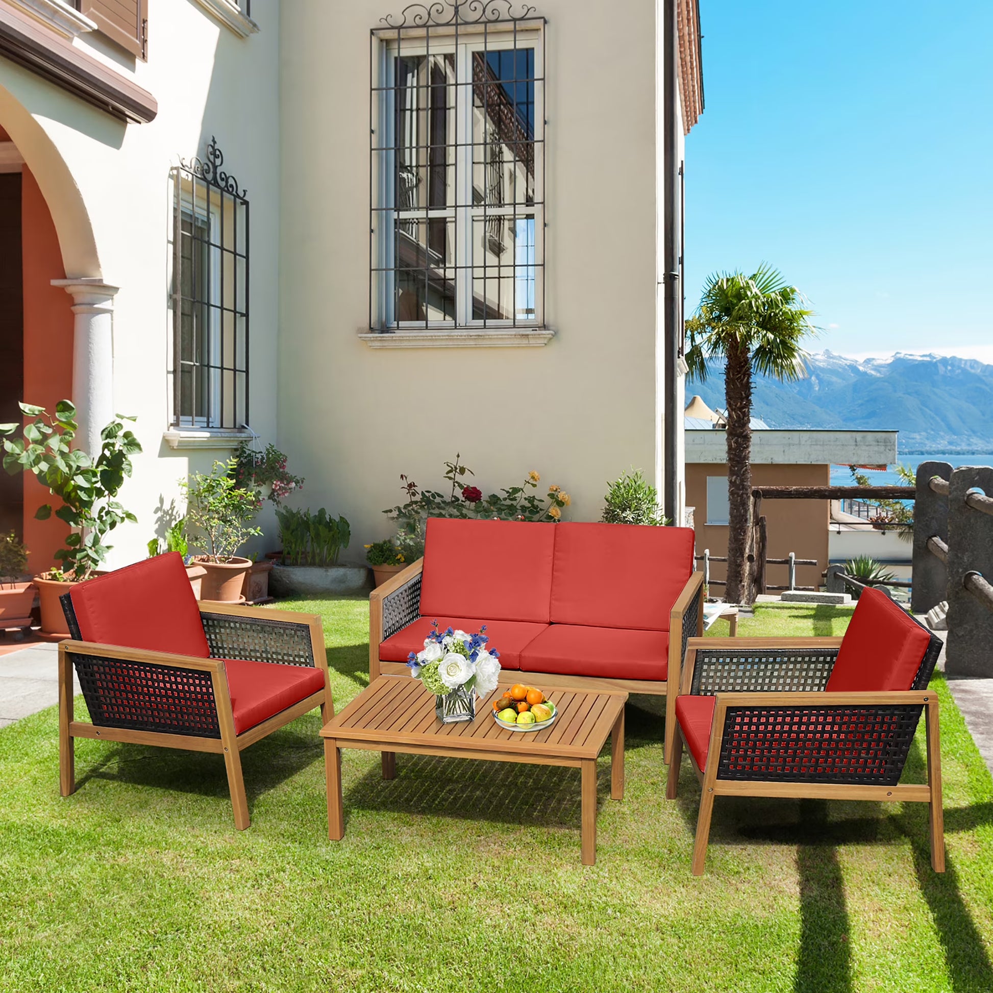 Costway 4PCS Patio Rattan Furniture Set Acacia Wood Cushioned Sofa Turquoise