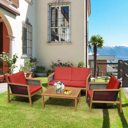 Costway 4PCS Patio Rattan Furniture Set Acacia Wood Cushioned Sofa Turquoise