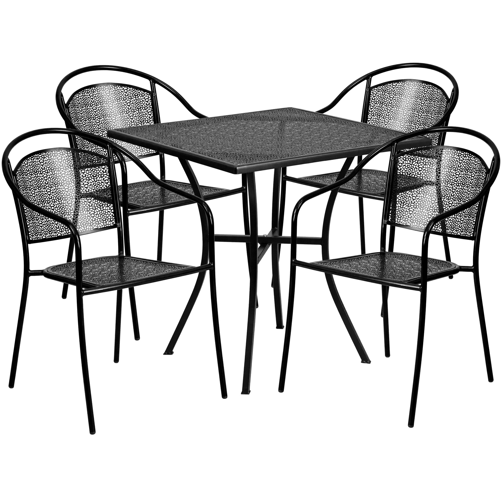 Emma + Oliver Commercial Grade 28" Square Black Patio Table Set-4 Round Back Chairs