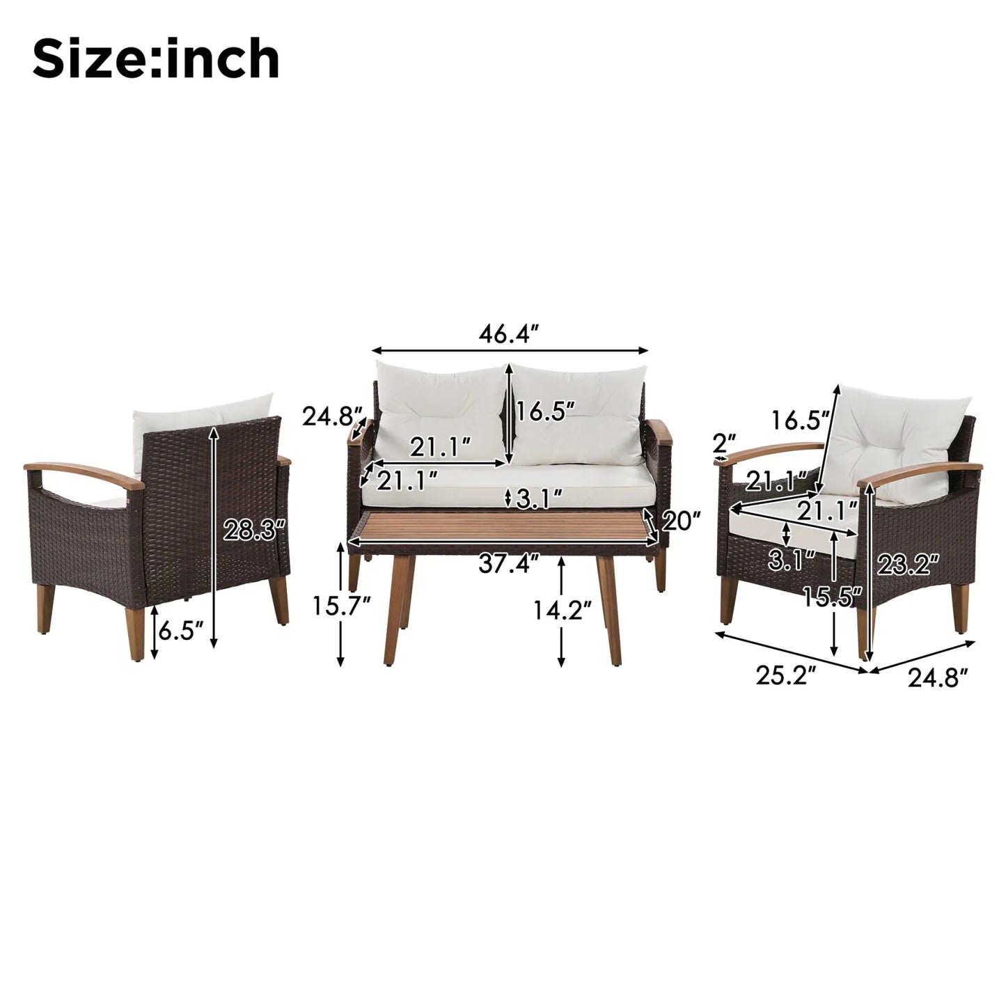 4 Piece Garden Furniture Set, Patio Seating Set with Wood Table, PE Rattan Sofa and 2 Chairs, Outdoor Conversation Set with Table Cover, Pillows and Adjustable Feet, Brown+Beige