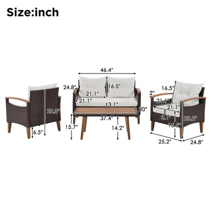 4 Piece Garden Furniture Set, Patio Seating Set with Wood Table, PE Rattan Sofa and 2 Chairs, Outdoor Conversation Set with Table Cover, Pillows and Adjustable Feet, Brown+Beige
