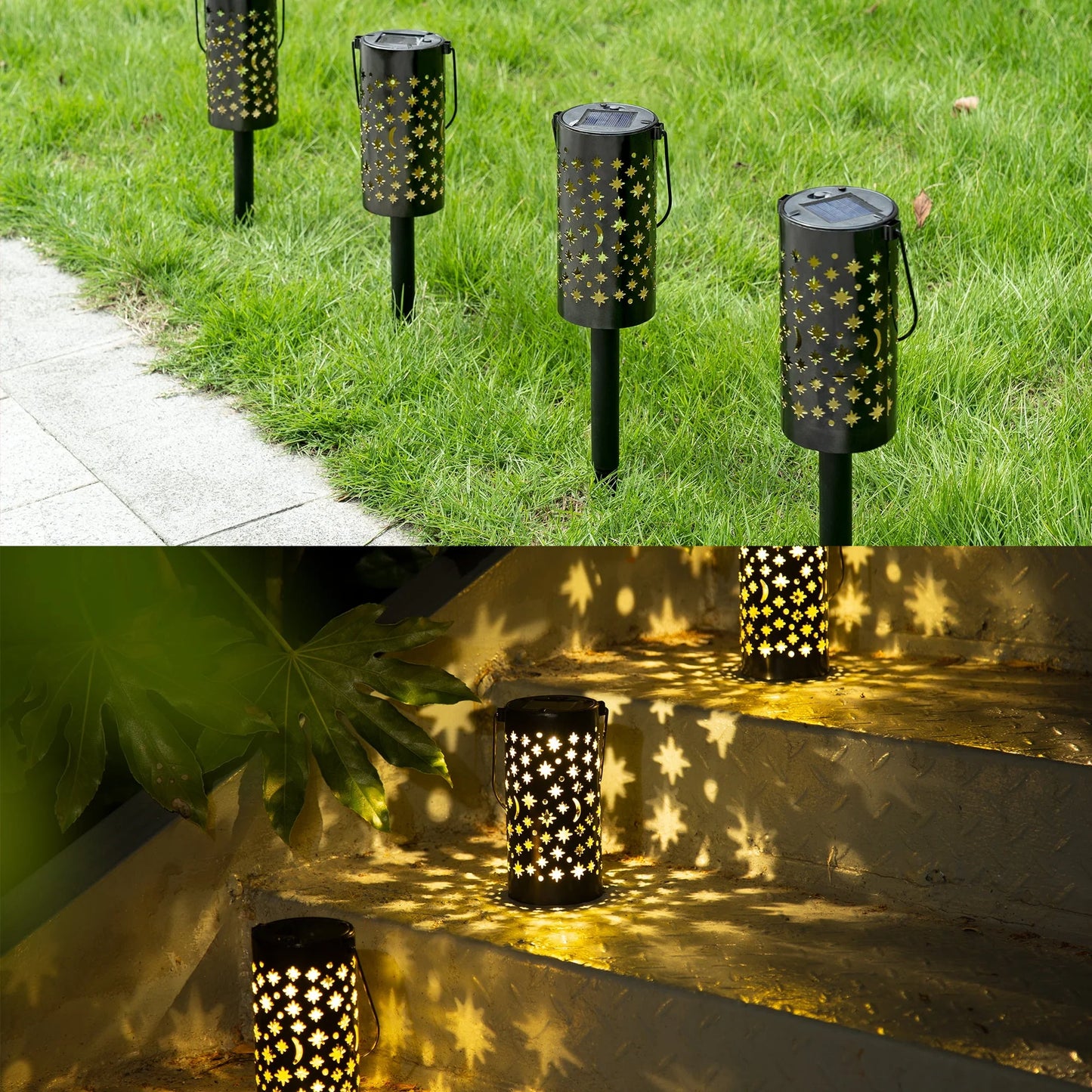 GIGALUMI Solar Pathway Lights, 6 Pack Solar Lanterns Outdoor Solar Lights Decorative Waterproof, Hanging Solar Lights Star Moon Solar Landscape Lights Outdoor for Walkway, Garden, Patio, Lawn, Yard