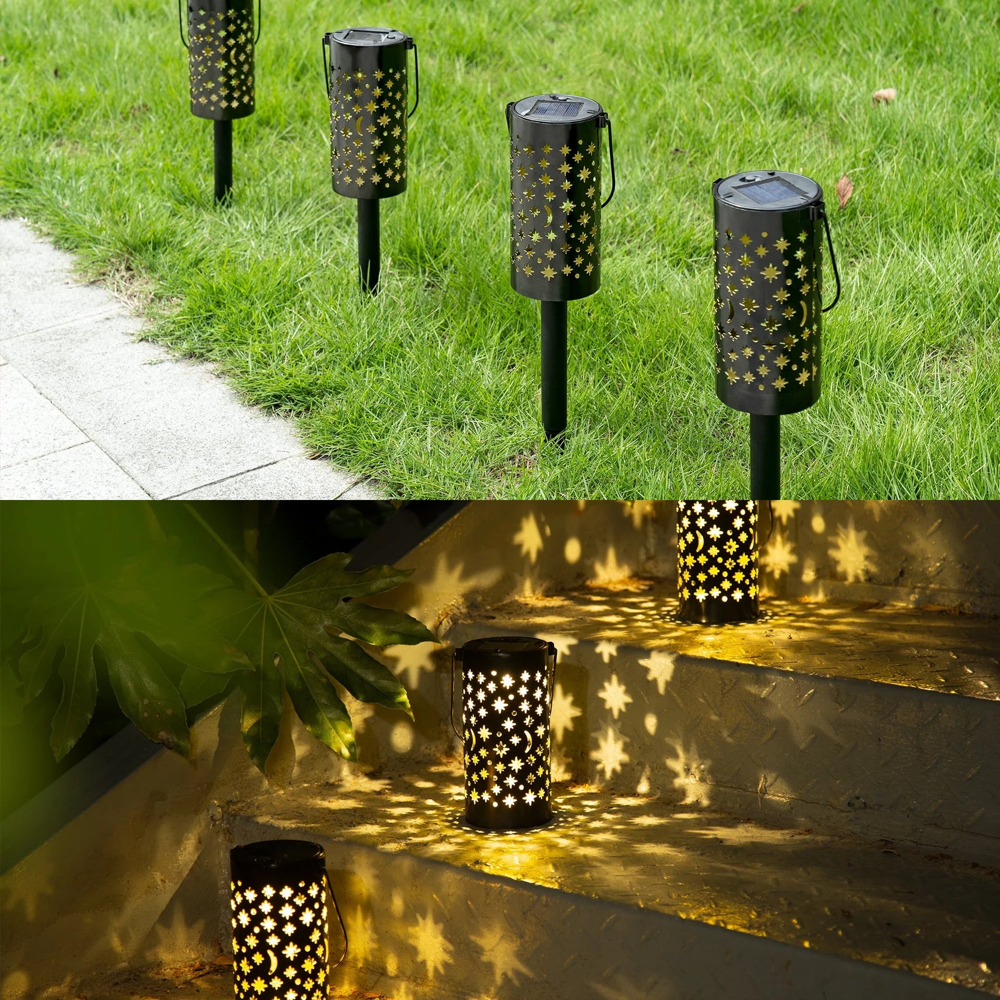 GIGALUMI Solar Pathway Lights, 6 Pack Solar Lanterns Outdoor Solar Lights Decorative Waterproof, Hanging Solar Lights Star Moon Solar Landscape Lights Outdoor for Walkway, Garden, Patio, Lawn, Yard