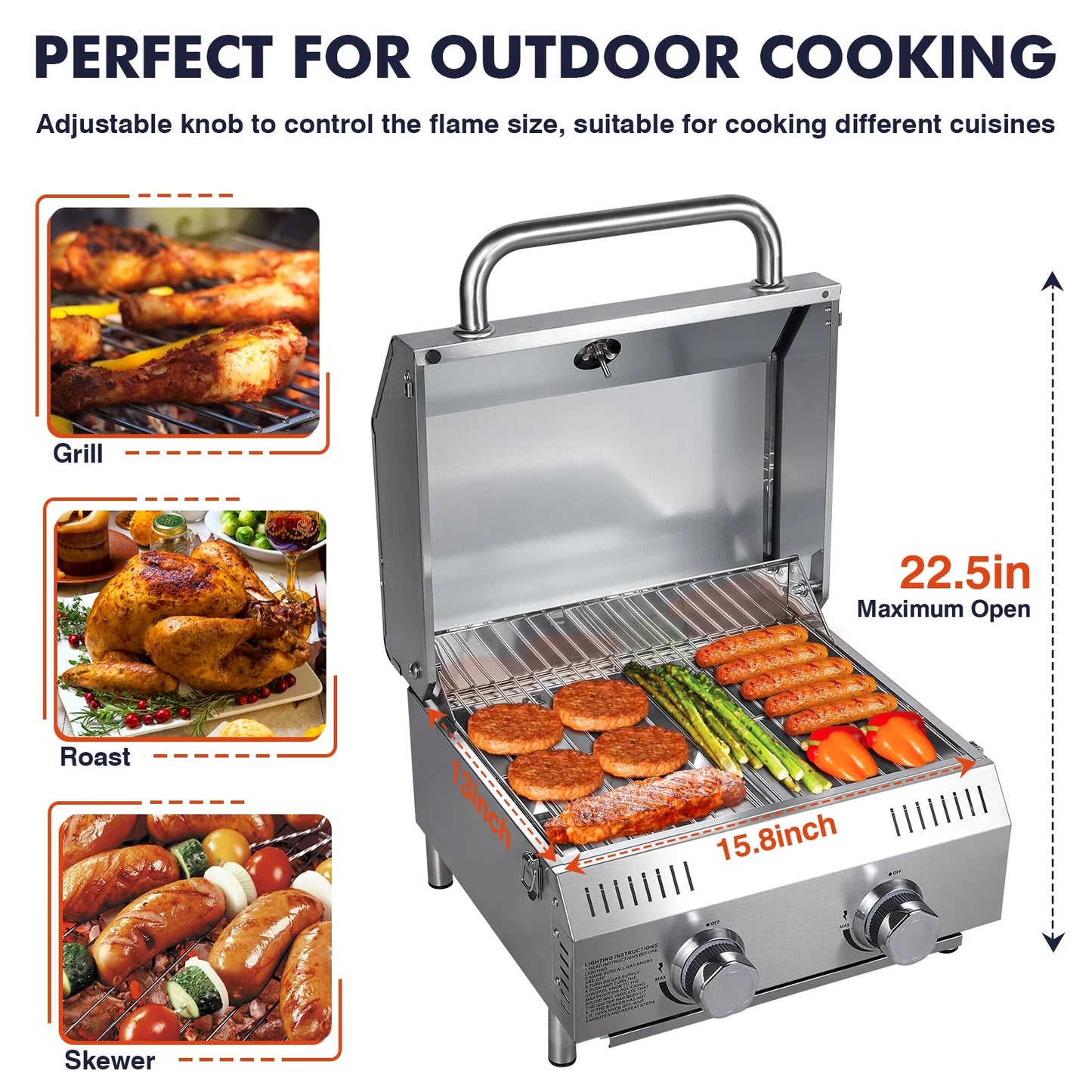 Portable 2-Burner Tabletop Propane Grill for Patio, 20,000 BTU, Stainless Steel, Camping & Tailgating
