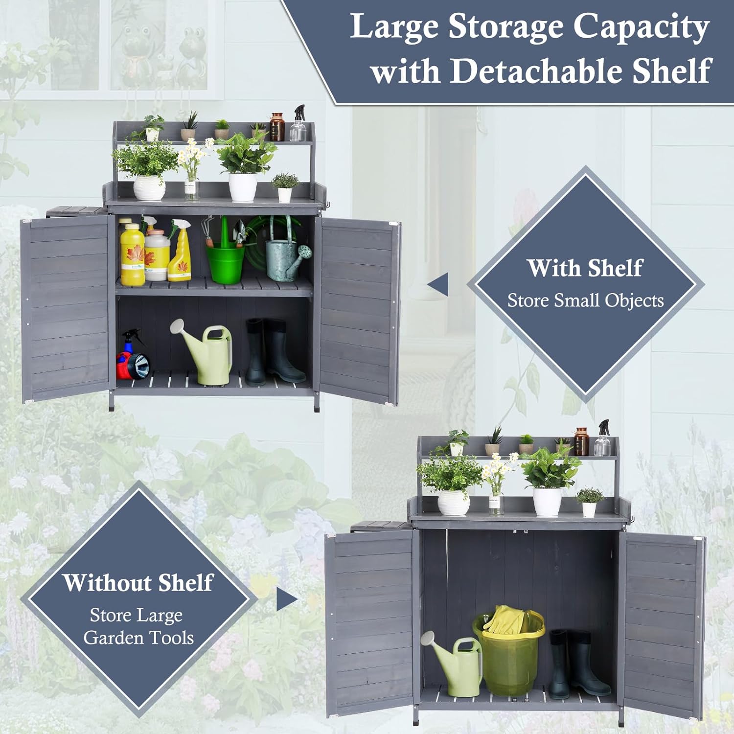 Litake Outdoor Potting Bench Table Storage Cabinet, Wooden Planting Workstation with Storage Shelf & Galvanized Tabletop, Planting Table Garden Work Bench with Cover for Garden, Patio, Greenhouse