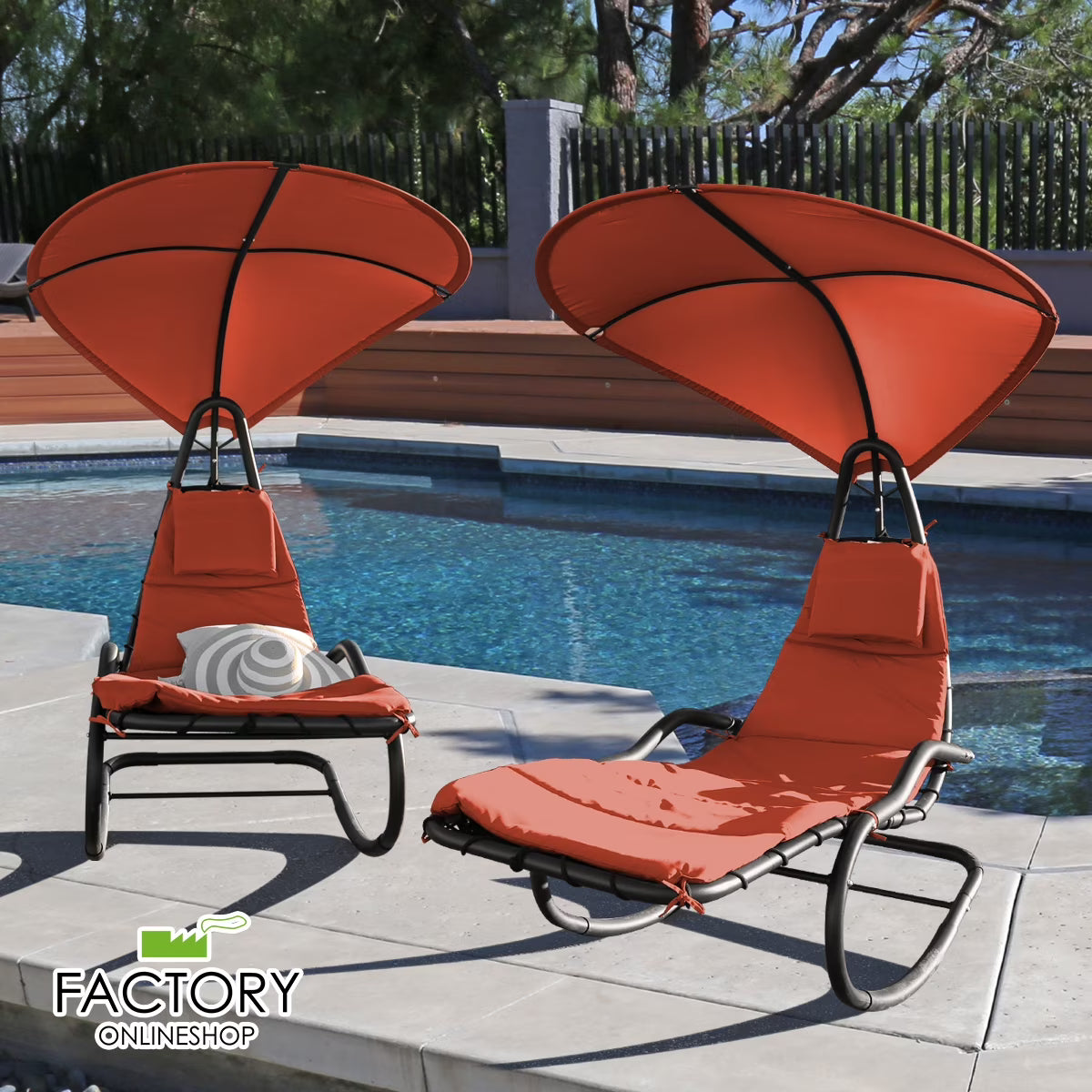 2X Rocking Hanging Lounge Chair - Curved Chaise Rocking Lounge Chair Swing For Backyard Patio w/Built-in Pillow Removable Canopy with stand {Green}