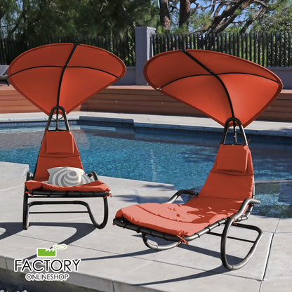 2X Rocking Hanging Lounge Chair - Curved Chaise Rocking Lounge Chair Swing For Backyard Patio w/Built-in Pillow Removable Canopy with stand {Green}