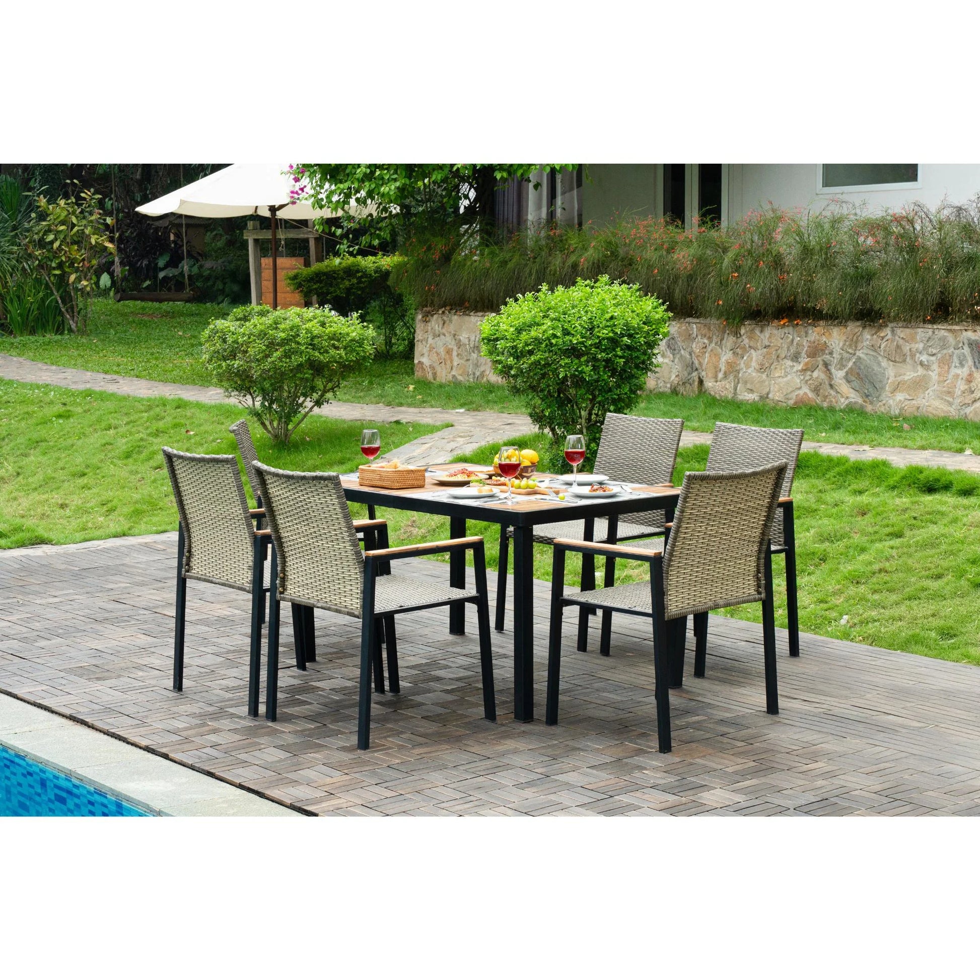 Seizeen 7-Piece Outdoor Table and Chairs, Patio Table Set with 6 Rattan Chairs, All-weather Outdoor Patio Dining Sets Rectangular Metal Table with Acacia Wood Top, Umbrella Hole, Gray