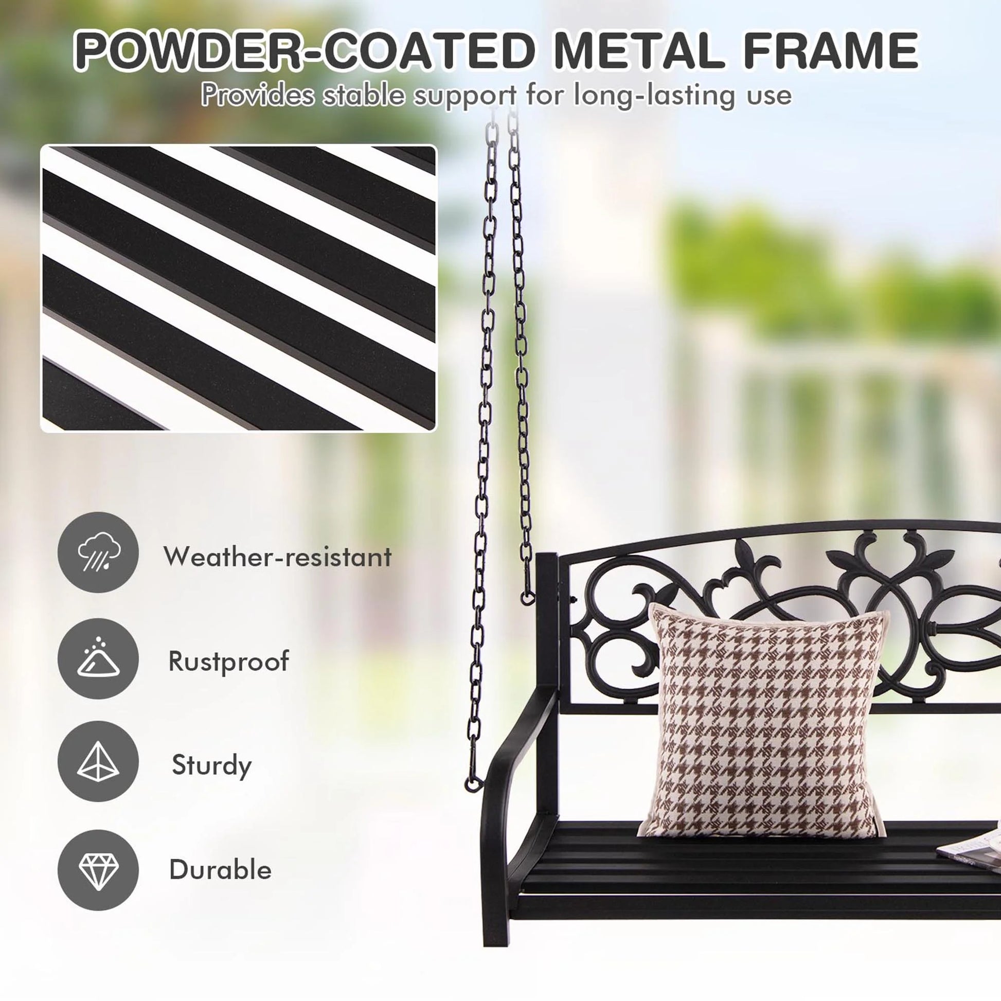 Gymax Patio Hanging Porch Swing 2-Person Outdoor Metal Swing Bench Chair w/Chains Brown