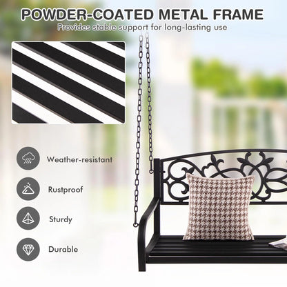 Gymax Patio Hanging Porch Swing 2-Person Outdoor Metal Swing Bench Chair w/Chains Brown