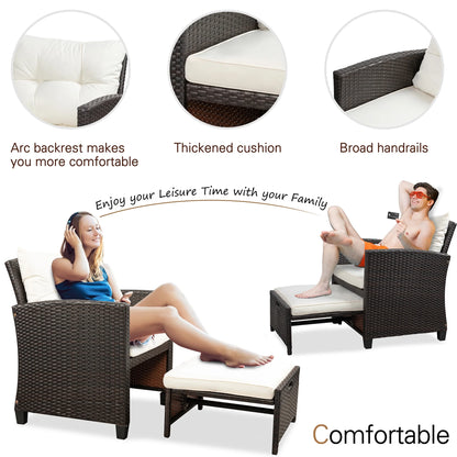 Sobaniilo 5 Piece Patio Furniture Set,Outdoor PE Wicker Patio Chair Two with Ottoman Underneath, Wicker Lounge Chair with Side Table, Beige