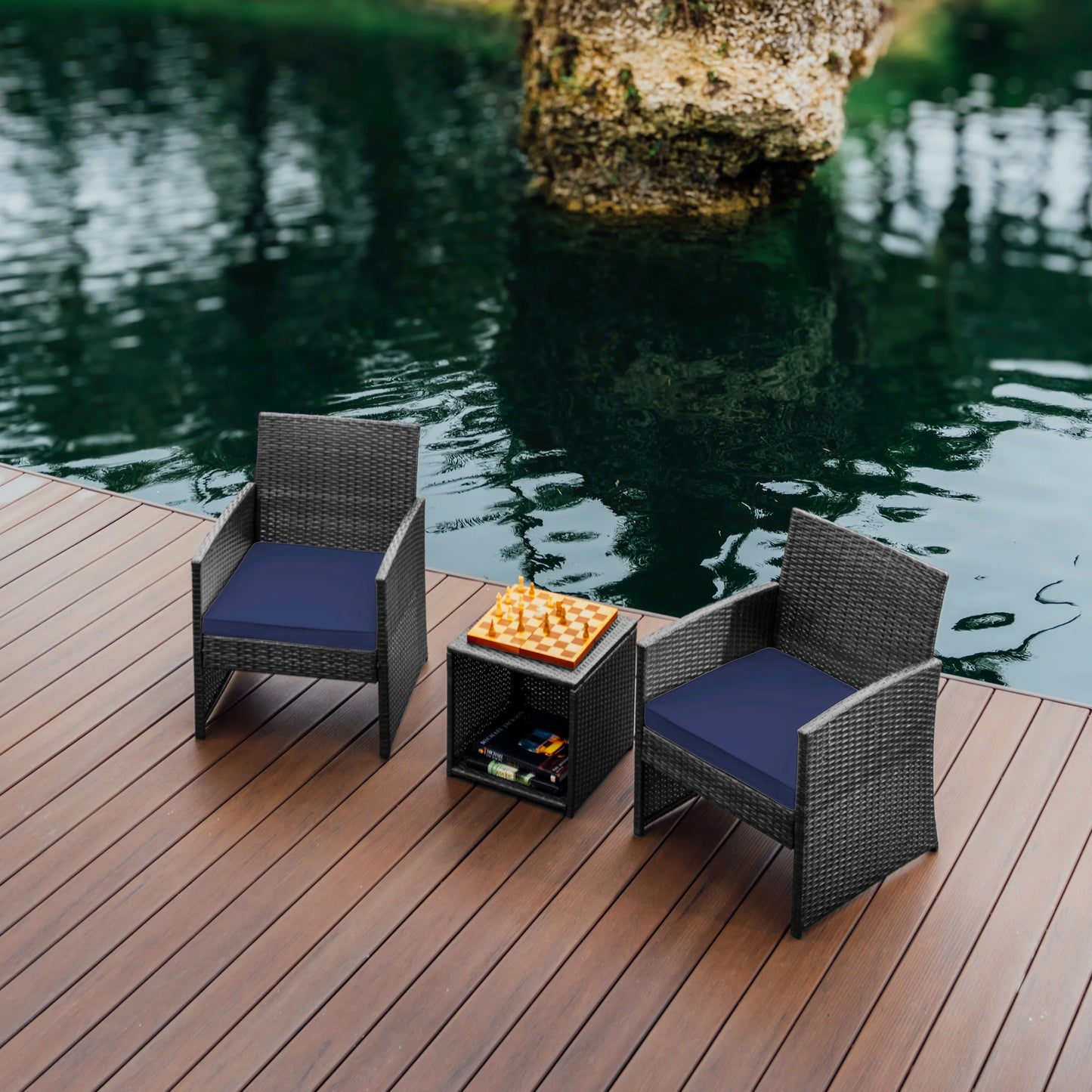 Hearth & Harbor Outdoor Furniture Set, 4 Piece Wicker Patio Chairs Set, Brown with Navy Cushions