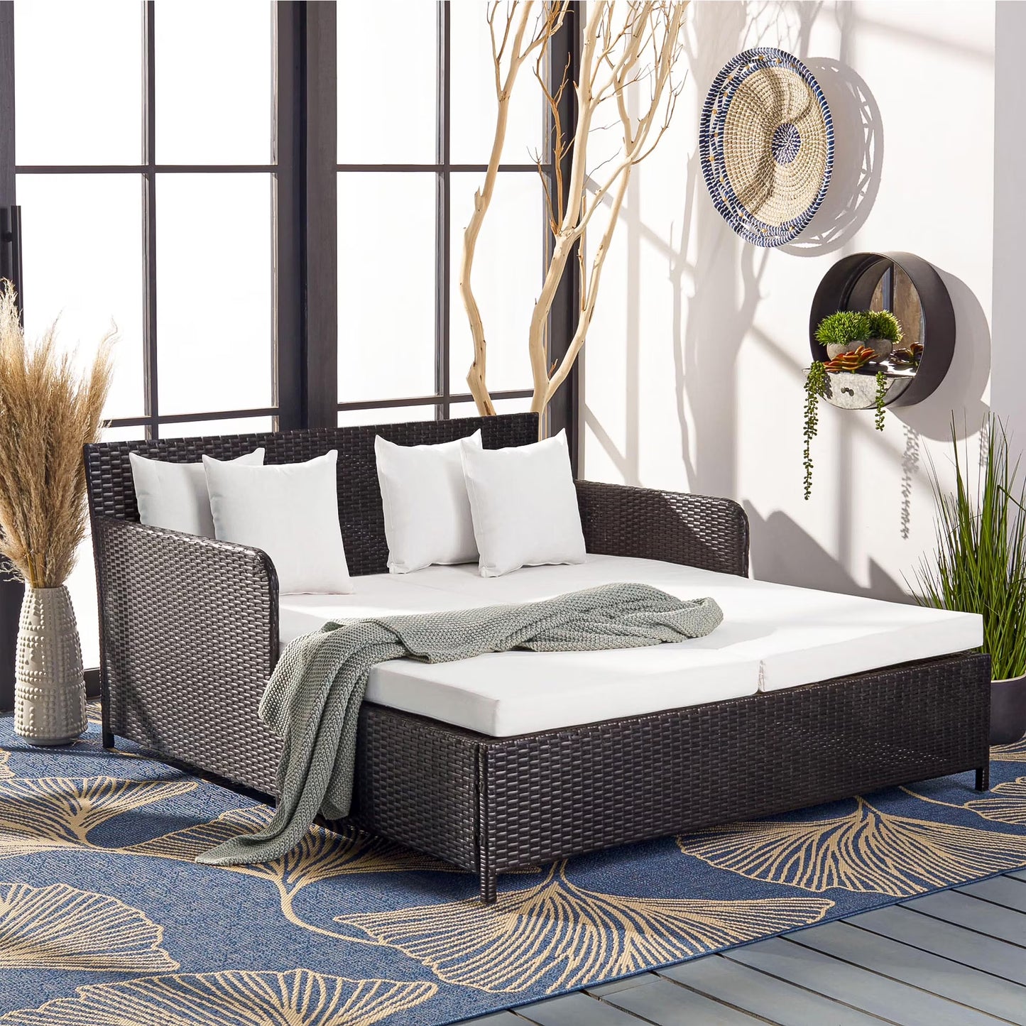 Resenkos Outdoor Patio Rattan Wicker Daybed Sectional Conversation Double Chaise Lounge, White Resistant Cushions