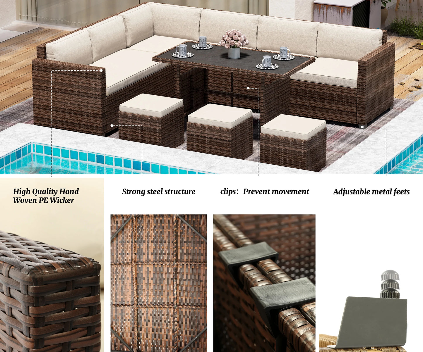 Bifanuo 7 Piece Patio Furniture Set, Outdoor Furniture Patio Sectional Sofa, All Weather PE Rattan Outdoor Sectional with Beige Cushions and Table, Black Wicker