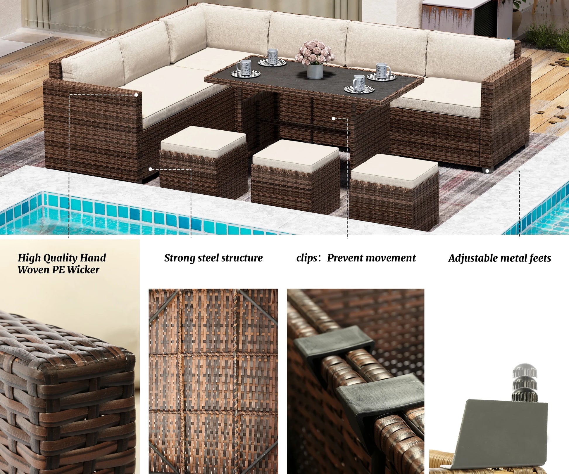 Bifanuo 7 Piece Patio Furniture Set, Outdoor Furniture Patio Sectional Sofa, All Weather PE Rattan Outdoor Sectional with Beige Cushions and Table, Black Wicker