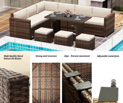 Bifanuo 7 Piece Patio Furniture Set, Outdoor Furniture Patio Sectional Sofa, All Weather PE Rattan Outdoor Sectional with Beige Cushions and Table, Black Wicker