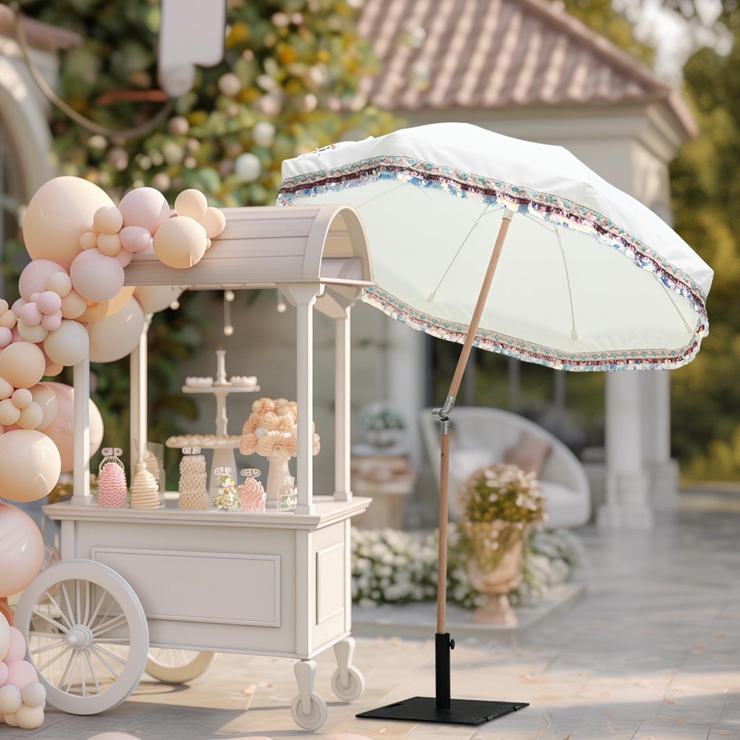 LAGarden 6 Ft Fringe Patio Umbrella with Tassel Jazz Age Wood UPF50+ for Outdoor, Beige with gold tassel,Model: JZ6-01