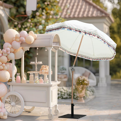 LAGarden 6 Ft Fringe Patio Umbrella with Tassel Jazz Age Wood UPF50+ for Outdoor, Beige with gold tassel,Model: JZ6-01