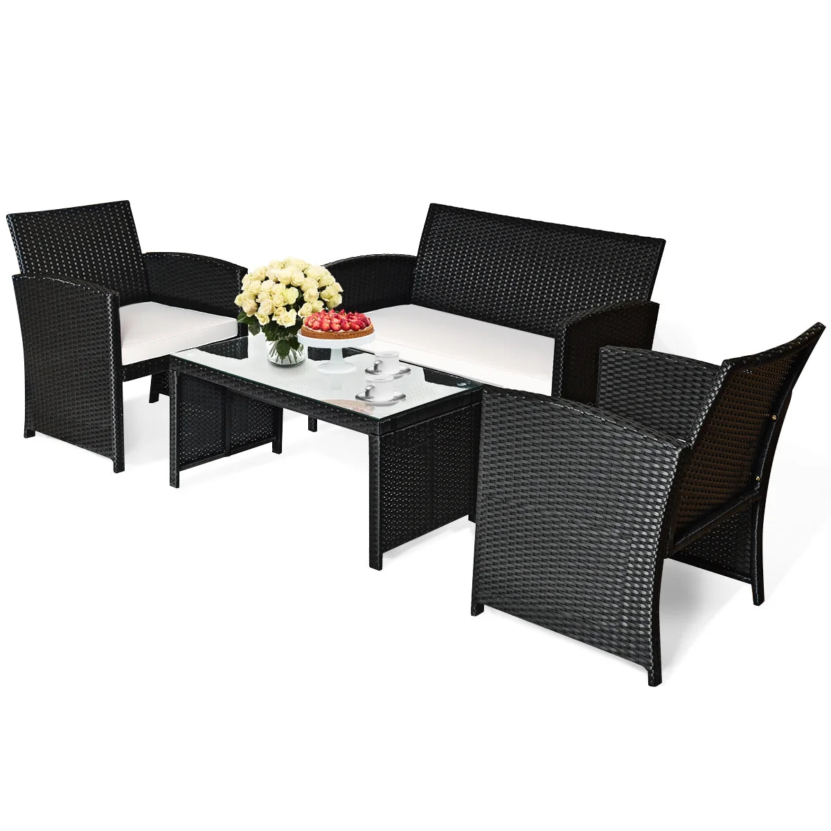 Gymax 4PCS Rattan Patio Conversation Set Outdoor w/Coffee Table Cushioned Sofa