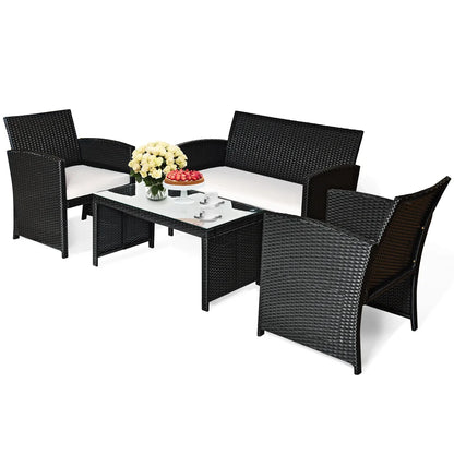 Gymax 4PCS Rattan Patio Conversation Set Outdoor w/Coffee Table Cushioned Sofa