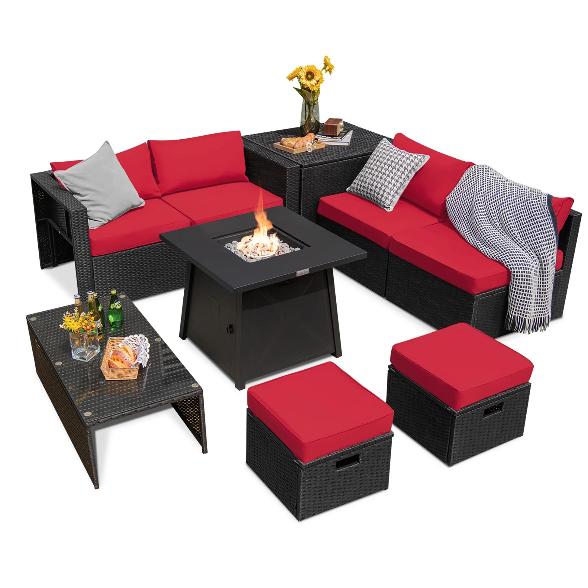 Costway 9PCS Patio Rattan Furniture Set Fire Pit Space-saving W/Cover Red Cushion cover
