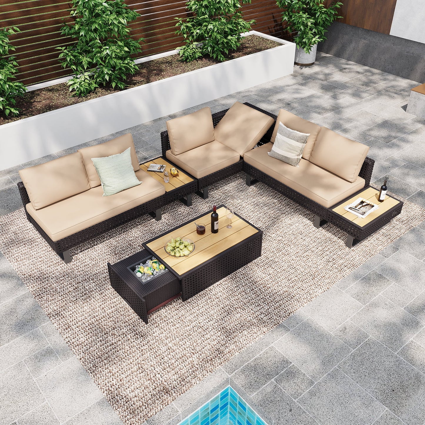 6-Piece Outdoor Sectional Furniture Set for Patio, Expandable Coffee Table w/Ice Bucket & Collapsible Seat, Deep Cushions - Khaki