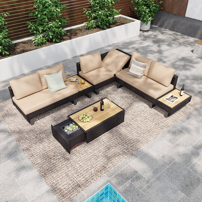 6-Piece Outdoor Sectional Furniture Set for Patio, Expandable Coffee Table w/Ice Bucket & Collapsible Seat, Deep Cushions - Khaki