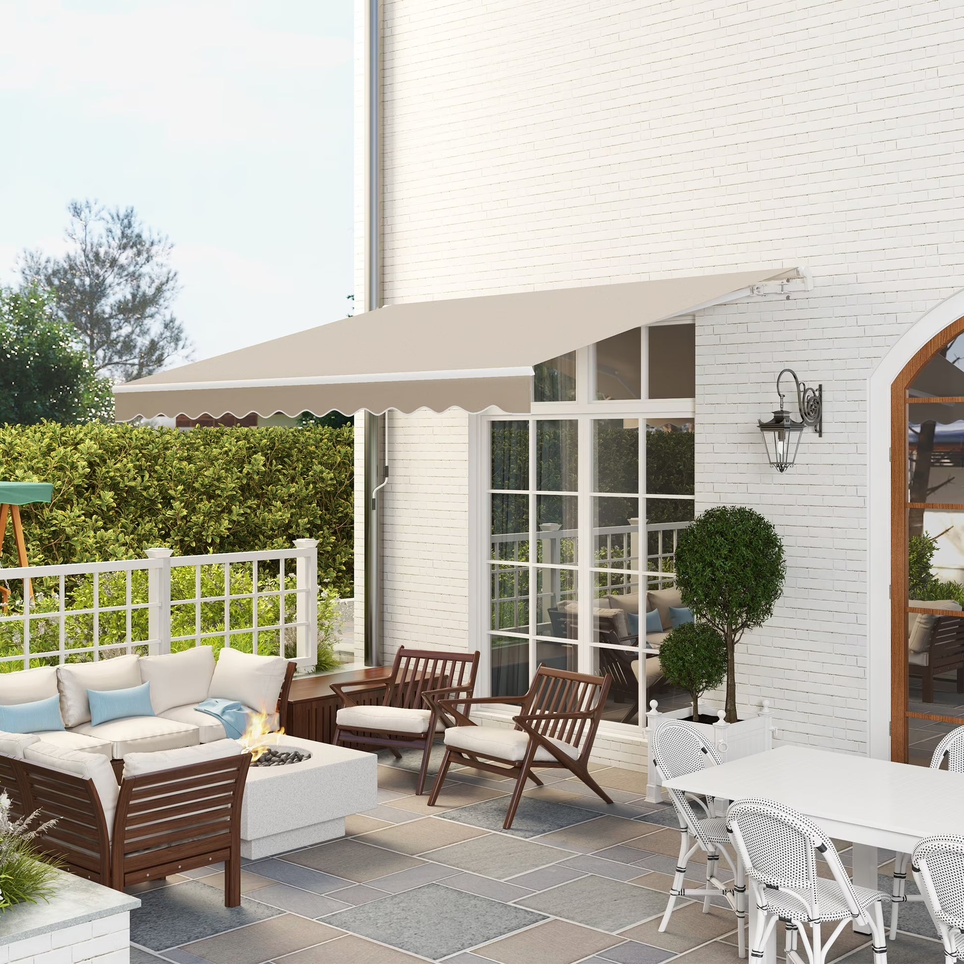 Outsunny 12' x 10' Manual Retractable Awning Outdoor Sunshade Shelter for Patio, Balcony, Yard, with Adjustable & Versatile Design, Beige and White