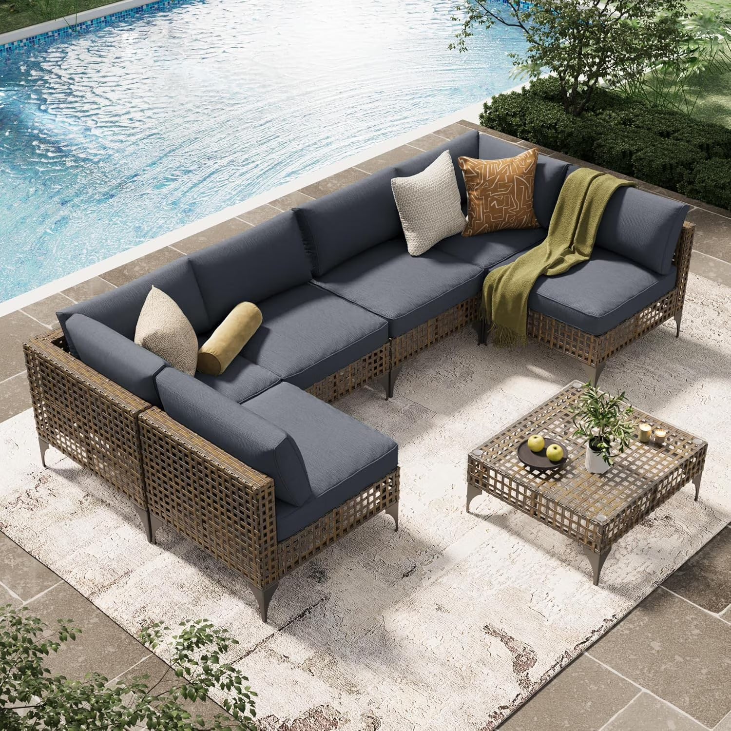 YODOLLA 7 Pc Patio Furniture Set in Beige Cushion& Black PE Rattan Outdoor Sectional Sofa Couch Patio Conversation Set with Table